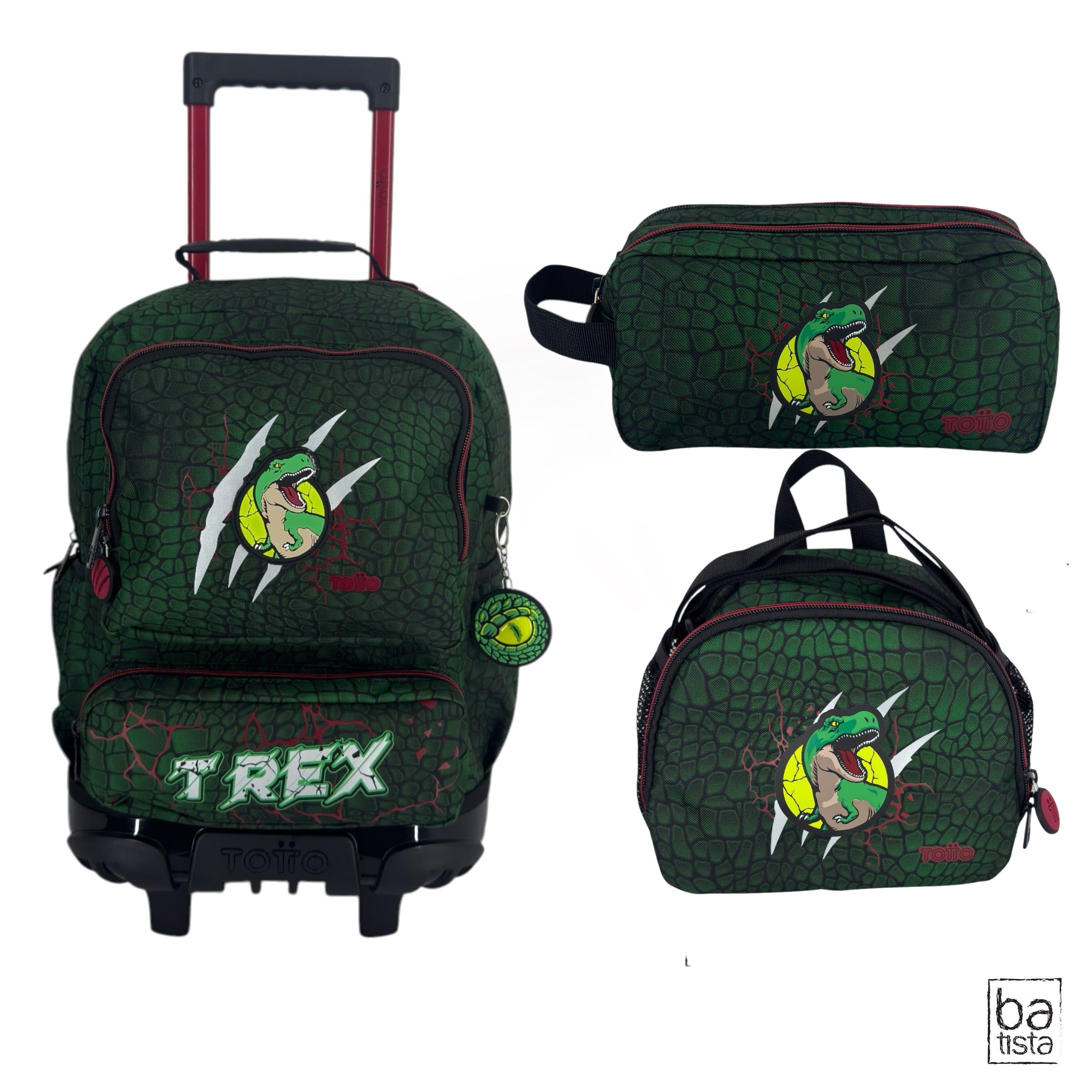 Combo Morral Ruedas + Cartuchera + Lonchera Totto Rex Dino 6D7